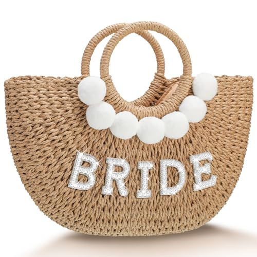Pinkunn Bride Gift Beach Bag Mrs Handwoven Straw Bag Rhinestone Pearl Letters Purse Bachelorette Wedding Honeymoon Essentials(Bride, Pearl Letter) | Amazon (US)