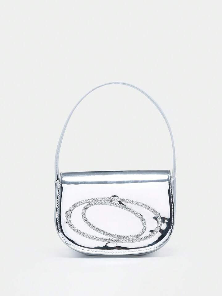 Mini Saddle Bag Silver Rhinestone Decor Top Handle | SHEIN