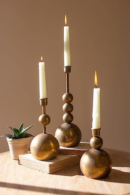 Kalalou CLL2695 Antique Brass Taper Candle Holders, 11.5-inch Height, Set of 3 | Amazon (US)