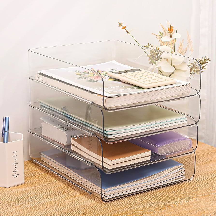 Set of 4 Office Organization and Storage, Clear PET Letter Tray Desk Organizer, Stackable Documen... | Amazon (US)