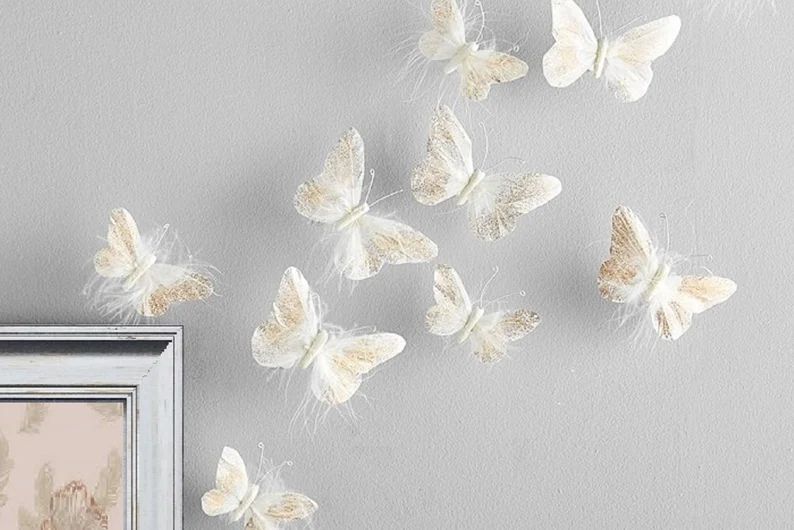 Feather Butterfly Wall Decorations 3D Wall Decals Girls Bedroom, Stunning Gold Glitter Decor Stic... | Etsy (US)