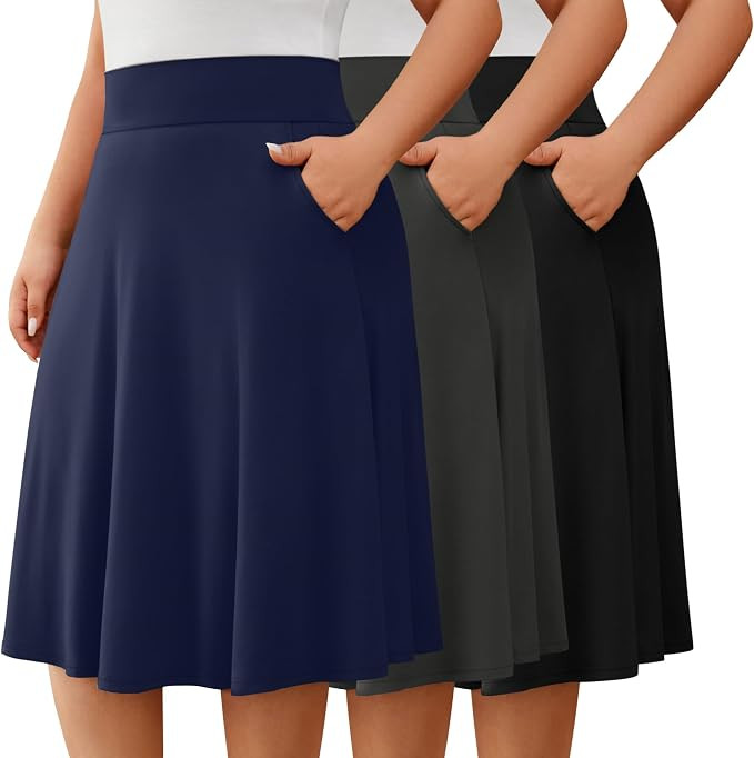 3 Pack Plus Size Skirts for Women, Knee Length Midi Casual Flowy Flared A Line Summer Work Church... | Amazon (US)