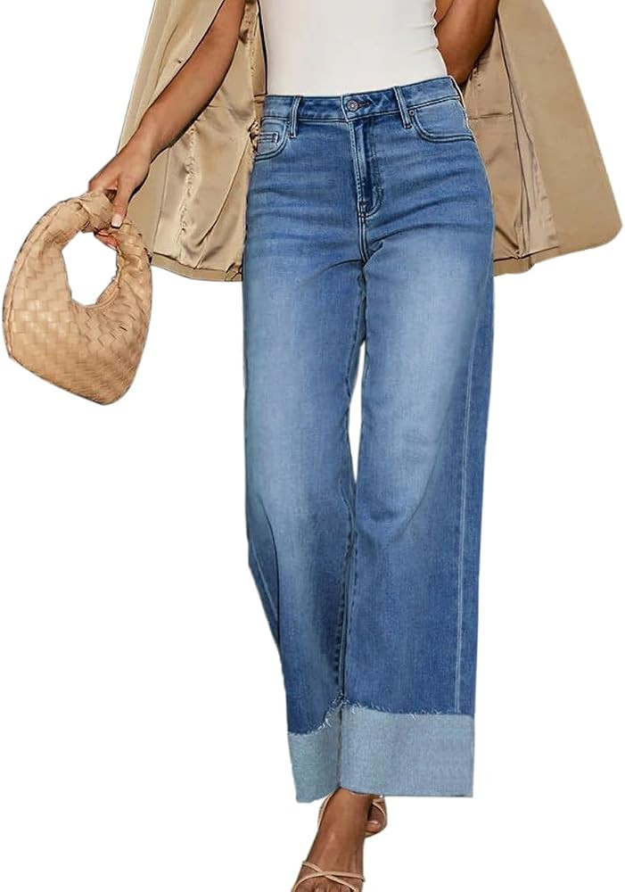 High Waisted Wide Leg Cuffed Jeans for Women Frayed Raw Hem 2026 | Amazon (US)
