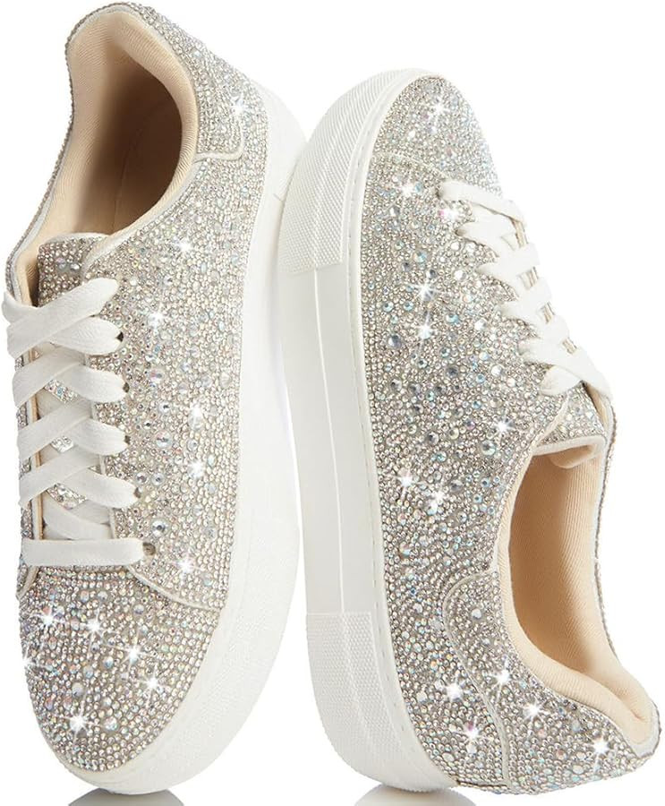 Lovee Cosee Platform Rhinestone Sneakers for Women Sparkly Lace up Tennis Shoes Bedazzled Wedding... | Amazon (US)