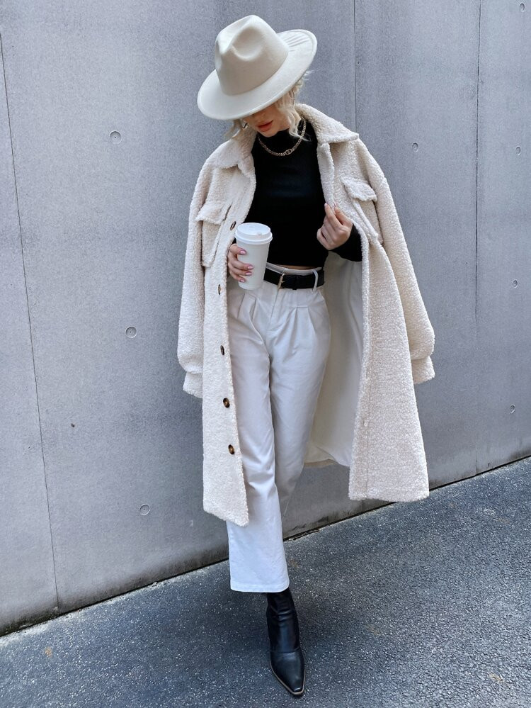 Drop Shoulder Flap Pocket Fleece Coat | SHEIN