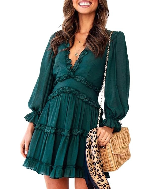 Dokotoo Womens 2023 Fall Spring Deep V Neck Ruffle Long Sleeve Floral Print Mini Dress | Amazon (US)