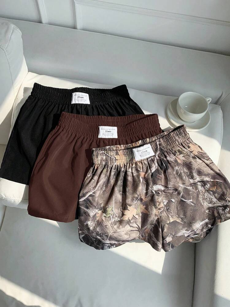 Comfortcana 3pcs Women Summer Casual Commuting Shorts Set, Solid Color & Tree Print, Loose Fit Loose Shorts Shorts Pack Elastic Waist Shorts Camo Print Shorts Y2k Shorts | SHEIN
