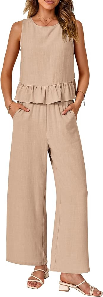 PRETTYGARDEN Women's Summer 2 Piece Outfits Casual Sleeveless Ruffle Tank Top and Wide Leg Pants ... | Amazon (US)
