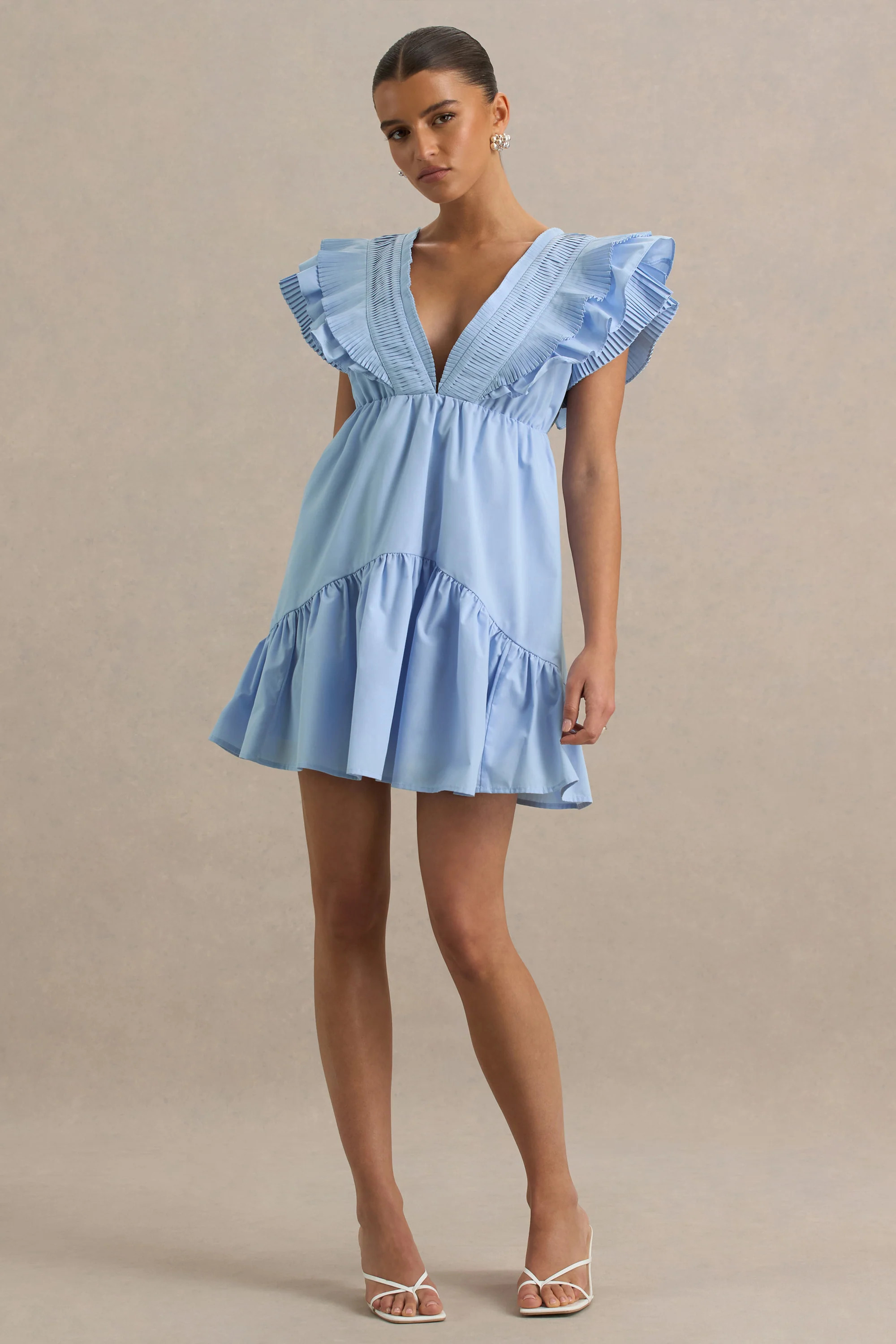Judie | Blue Poplin V-Neck Ruffled Mini Dress | Club L London