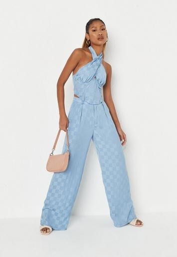 Missguided - Petite Blue Co Ord Checkerboard Satin Masculine Trousers | Missguided (UK & IE)