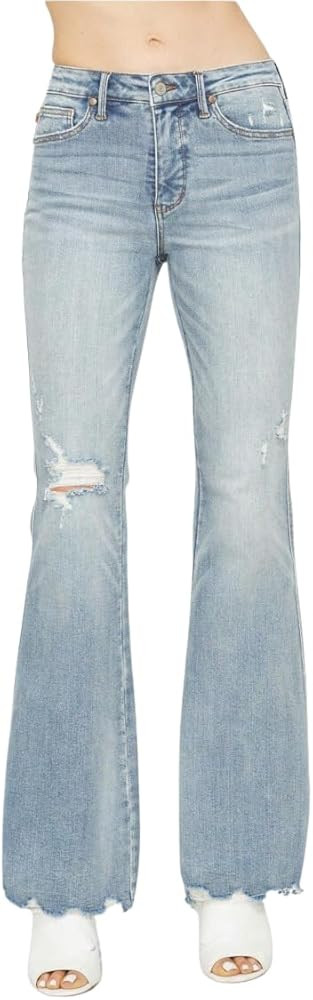 Judy Blue Mid Rise Tummy Control Distressed Flare Jeans | Amazon (US)