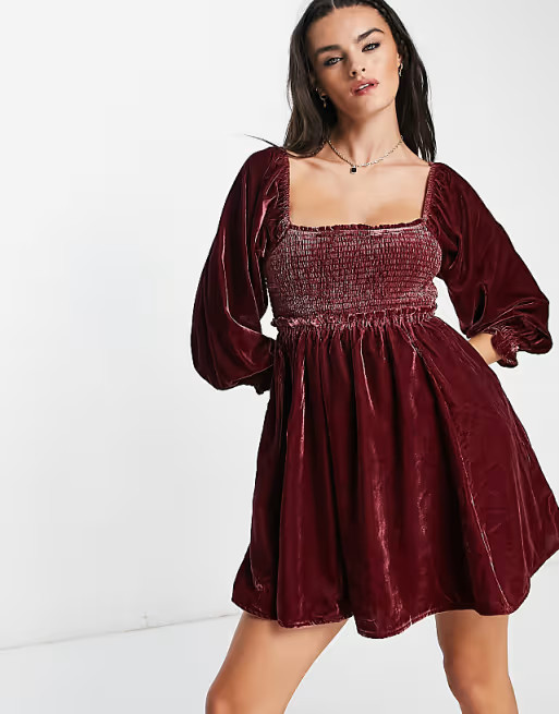 Free People Daphne velvet mini dress in wine | ASOS (Global)