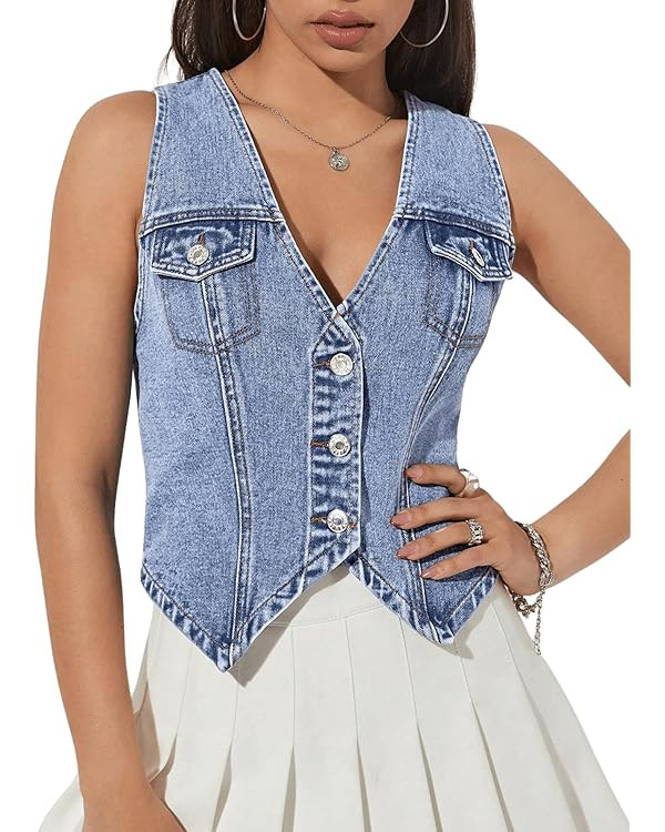 GORGLITTER Women's Denim Vest Flap Pocket Sleeveless Crop Tank Top Button Front Y2K Vest Denim To... | Amazon (US)