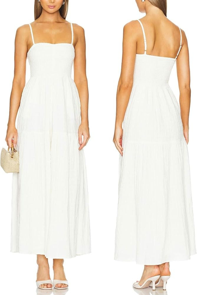 Capuffy Women's Adjustable Spaghetti Straps Smocked Maxi Dress Tiered Skirt Pleated Boho Summer D... | Amazon (US)