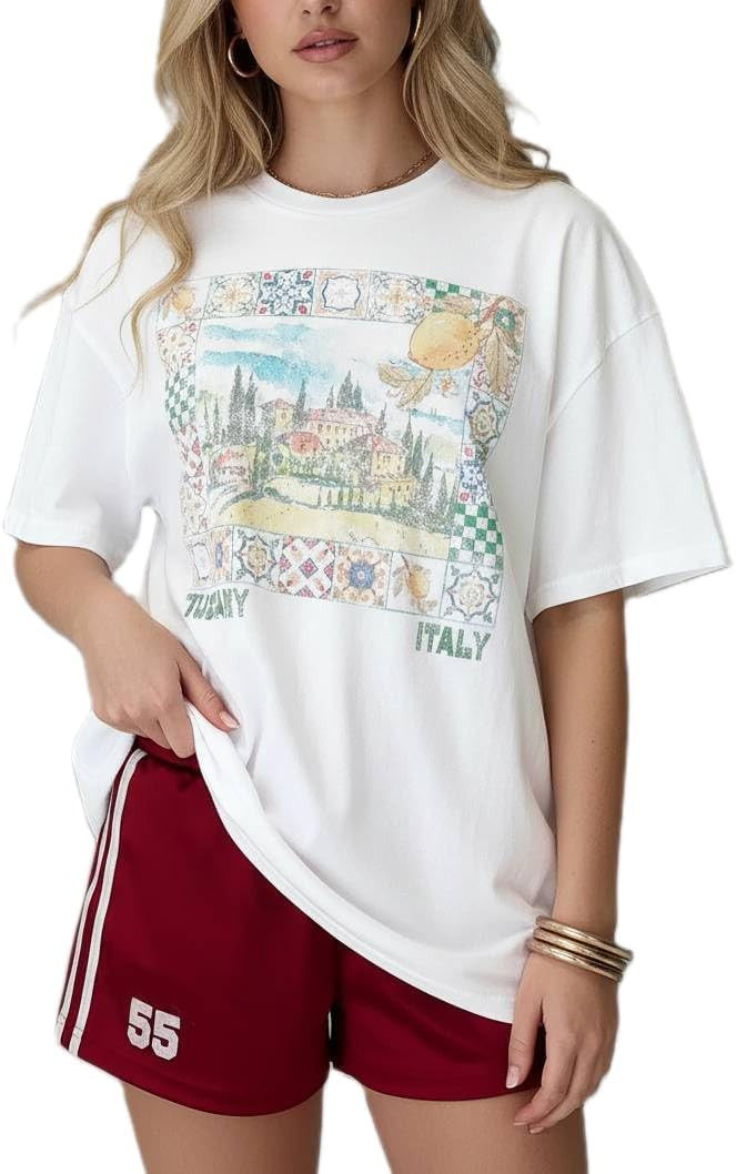 Women Teen Girl Oversized Summer Tops Y2k Cute Loose Fit Short Sleeve Crew Neck Graphic T Shirts ... | Amazon (US)