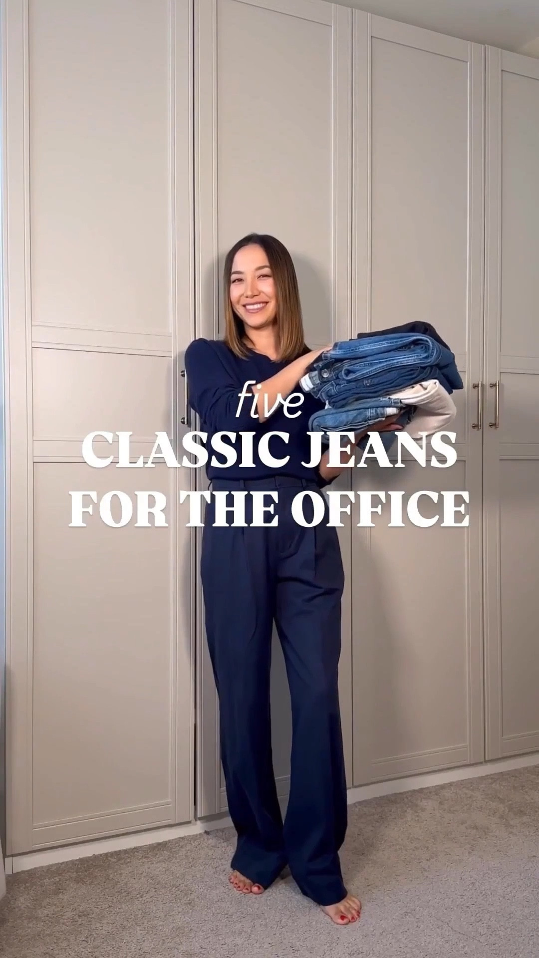 5 classic jeans for the office 

Everlane jeans : 
The way high jeans 
Low rise jeans 
Original cheeky jeans 
90s cheeky jeans 

Boxy cashmere sweater 
White tee 
Navy blazer 
Cardigan 
Cotton Crewneck 
Silky cotton button up 

#LTKSeasonal