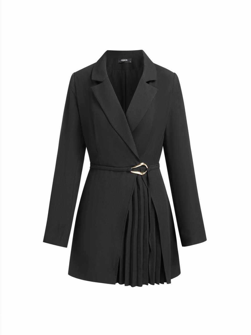 Woven Collar Pleated Metal Detail Mini Dress With Belt  For Daily Casual Work | Cider