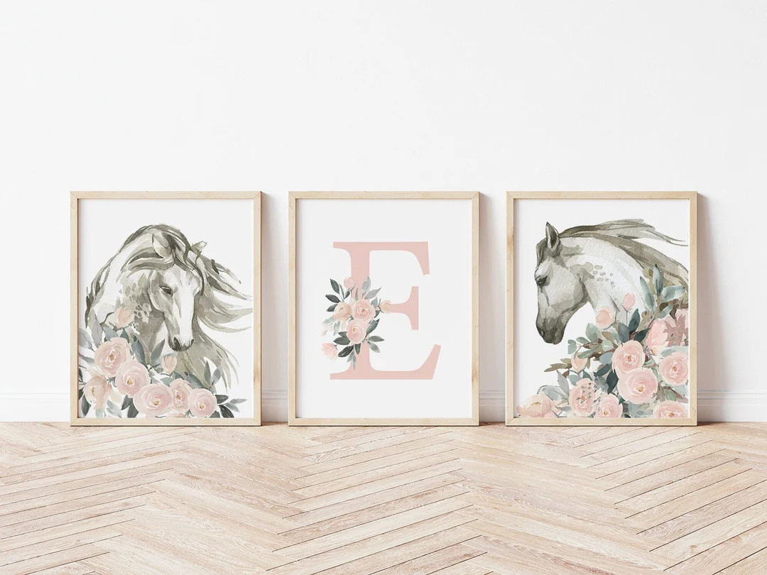 Baby Girl Floral Horse Art Prints  Set of Three Boho Floral - Etsy | Etsy (US)