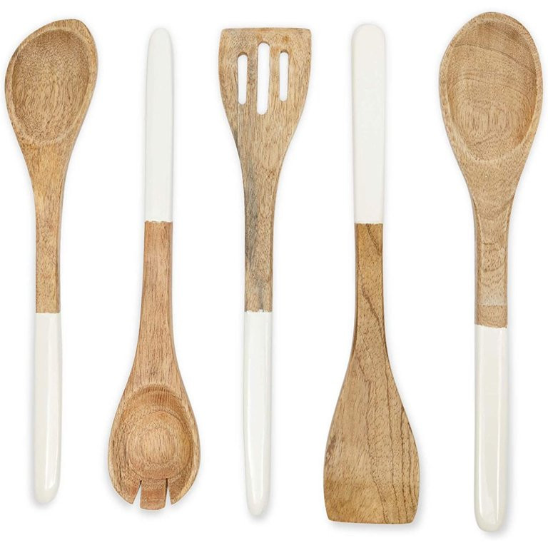 5 Pieces Mango Wood Kitchen Utensils Set, 12" Wooden Cooking Tools with White Handles | Walmart (US)