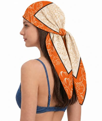 YOUR SMILE 35 Inch Satin Square Scarf for Women, Silk Feeling Hair Wrap (Orange Beige Floral) | Amazon (US)