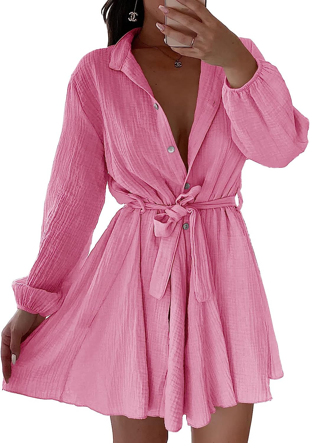 Foshow Womens Button Down V Neck Dresses Tunic Tie Waist Swing Mini Dress Casual Solid Long Sleev... | Amazon (US)