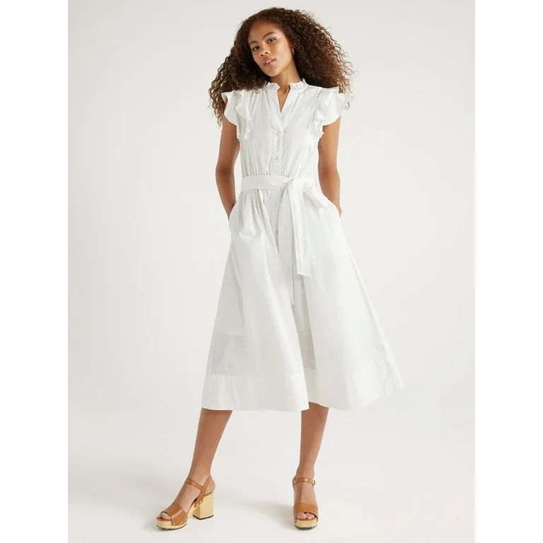 Free Assembly Women's Cotton Ruffle Neck Maxi Shirtdress, Sizes XS-XXL - Walmart.com | Walmart (US)