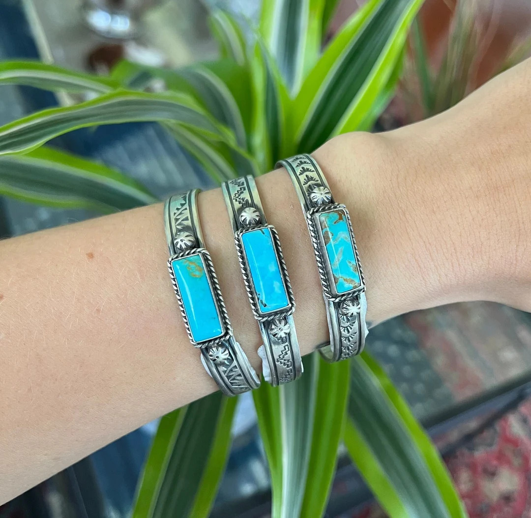 Hand-stamped Sterling Cuffs With Kingman Turquoise Bars by Rick Enriquez - Etsy | Etsy (US)