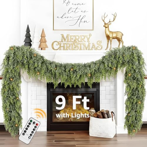 Cedar Christmas Garland for Mantle - Decorations with Lights 9ft Realistic Lighted Faux Pine Garlands for Xmas Home Decoration Indoor 9 ft Prelit Garland Stairs Railing Fireplace Outdoor Door Decor | Amazon (US)