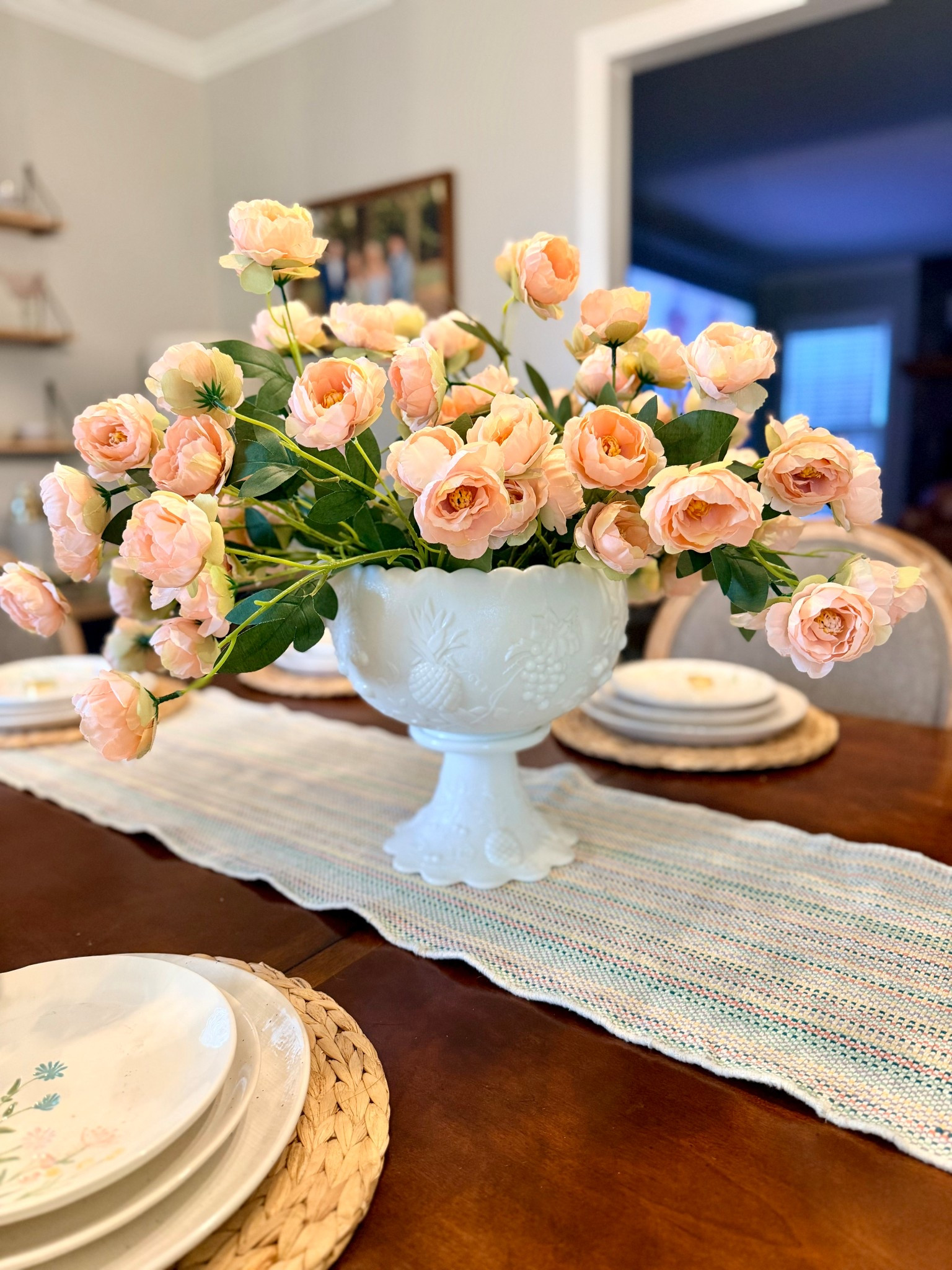 My dining room centerpiece for spring 🤍🌸

And would you believe these flowers are from Amazon? I ordered two packs of six stems in the pink and they are absolutely stunning in person. The color is the softest peachy blush and the stems are long enough to really fill a statement bowl.

I love fresh flowers, but I also love something I can style once and enjoy all season long — especially for our dining table where we gather every day.

Styled here in my vintage milk glass punch bowl for that collected, Southern feel I’m always after.

Linking the exact stems in pink plus a few of my favorite centerpiece staples.

#LTKHome #SpringDecor #SouthernStyle #DiningRoomDecor #AmazonHome

#LTKfoodie #LTKSeasonal #LTKHome