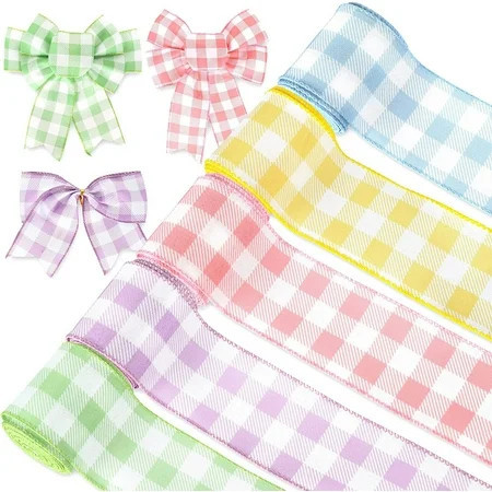 Buffalo Plaids Wired Edge Ribbon Rainbow Color Gingham Checkered Fabric Craft Ribbon for Spring Easter Birthday Gift Wrapping Wreath Bow Making | Walmart (US)