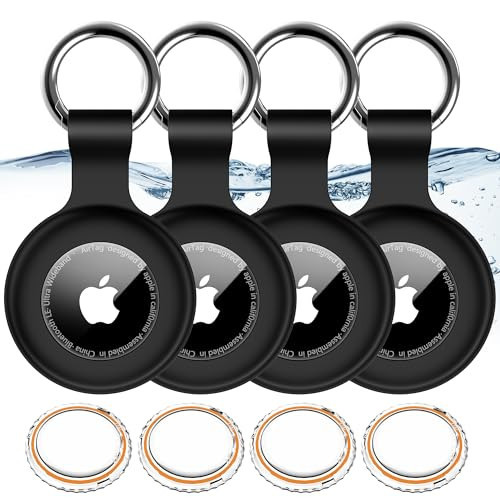 4 Pack,IPX8 Waterproof Airtag Holder for Apple Air Tags with Air Tag Keychain,Shockproof GPS Cover [Anti-Scratch] [PC+Silicone] Air-Tag Item Finders Case for Pets,Kids,Keys,Luggages-Black+Black | Amazon (US)