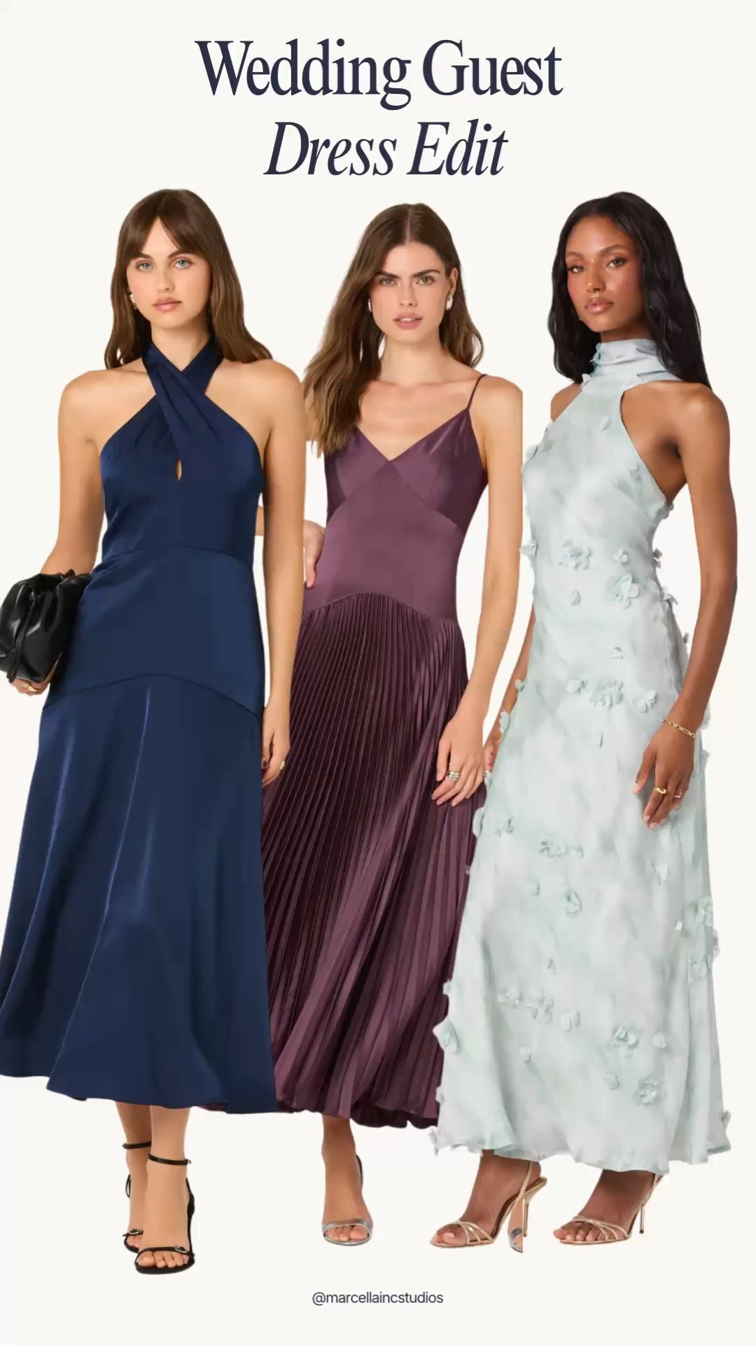 Wedding guest dress evening summer: ASTR the Label navy halter, burgandy pleated silk and light blue foral are stunning for a night wedding. #summerwedding #weddingguestdresssummer #weddingguestdress  

 #LTKSeasonal #LTKOver40 #LTKWedding