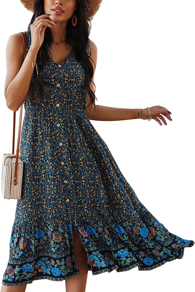 TEMOFON Women Dress Summer Sleeveless Floral Bohemian V Neck Button Down Flowy Dresses S-XL | Amazon (US)