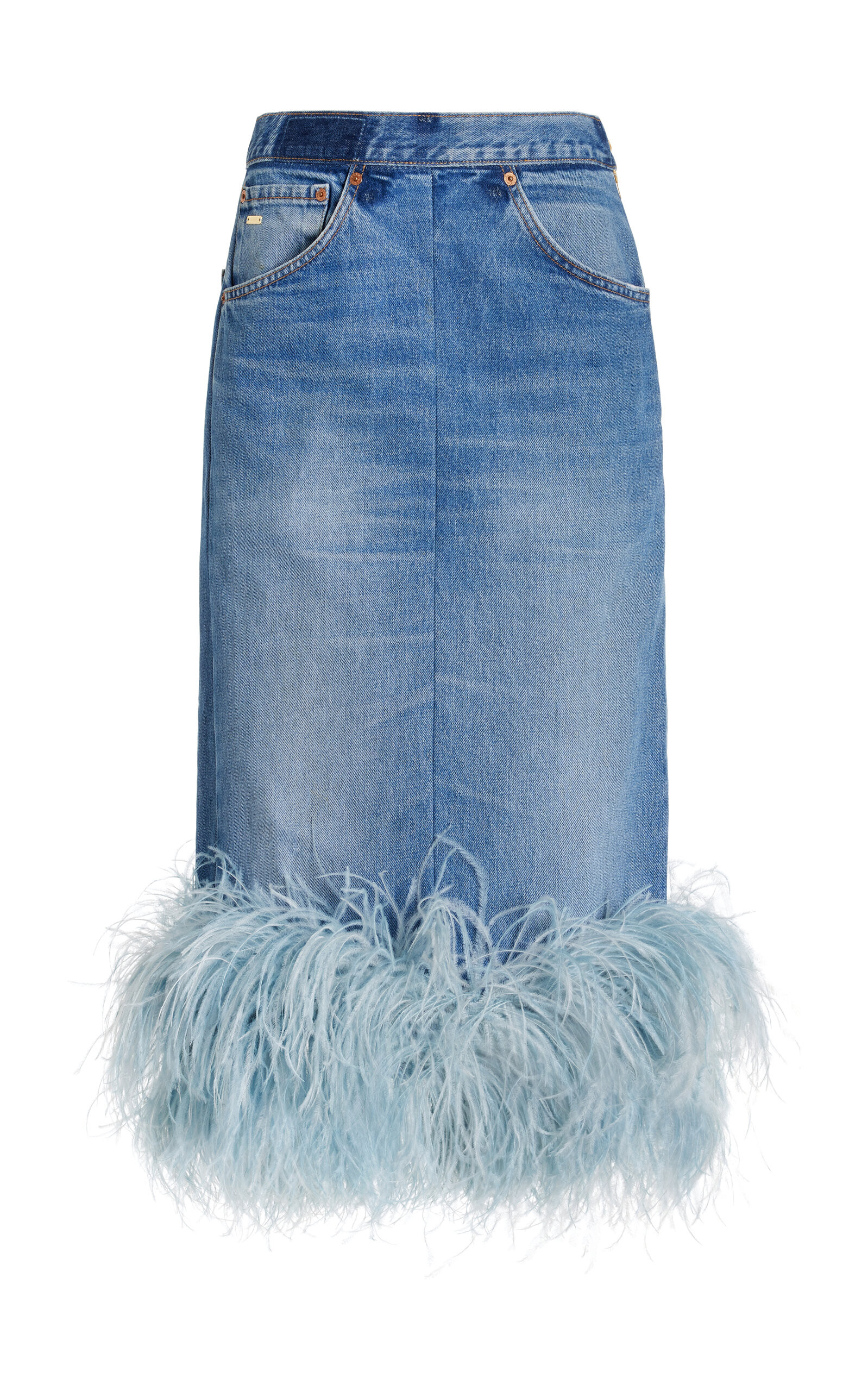 Exclusive Simone Feather-Trimmed Upcycled Denim Midi Skirt | Moda Operandi (Global)