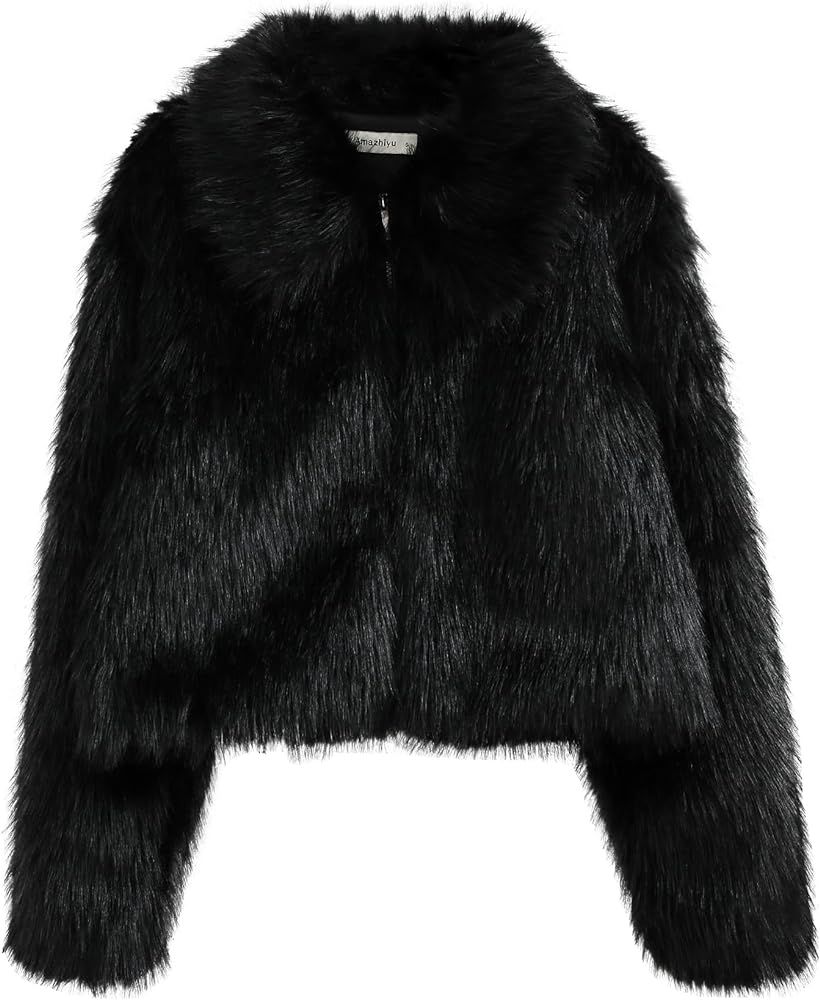 Amazhiyu Womens Faux Fur Zip-Up Cropped Jacket Long Sleeve Warm Winter Coat | Amazon (US)