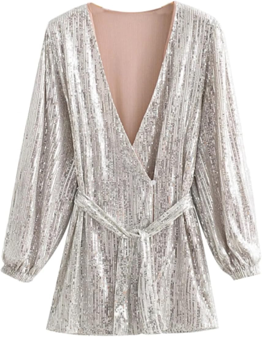 Women Chic Fashion with Belt Shiny Sequin Wrap Mini Dress Vintage Deep V Neck Long Sleeve Female Dre | Amazon (US)