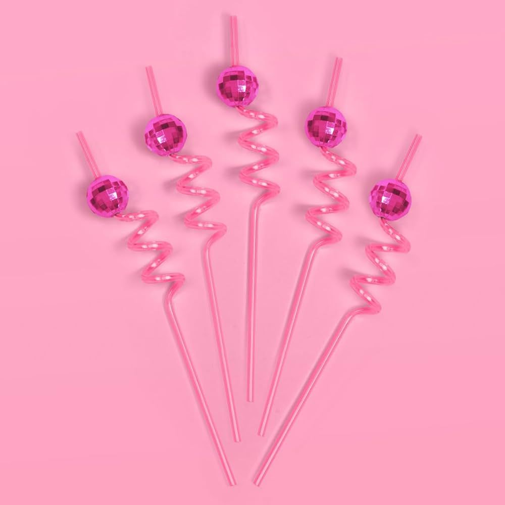 xo, Fetti Pink Disco Ball Reusable Swirly Straw Set - 16 pc | Groovy Birthday Party Supplies, Las... | Amazon (US)