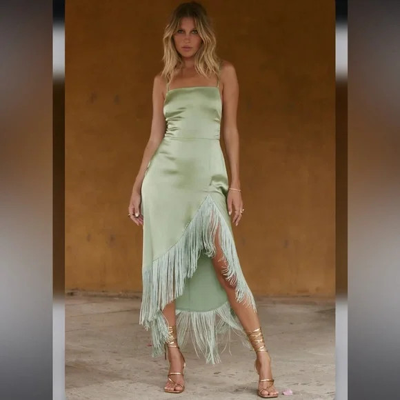 MONET SAGE FRINGE SATIN MAXI DRESS size small | Poshmark