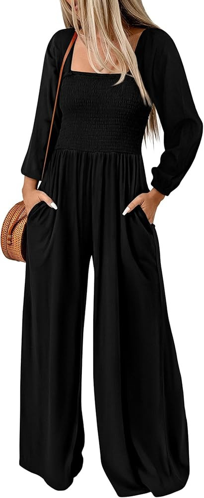 KIRUNDO Women's 2025 Spring Fall Long Sleeve Jumpsuits Casual Dressy One Piece Loose Smocked Wide... | Amazon (US)