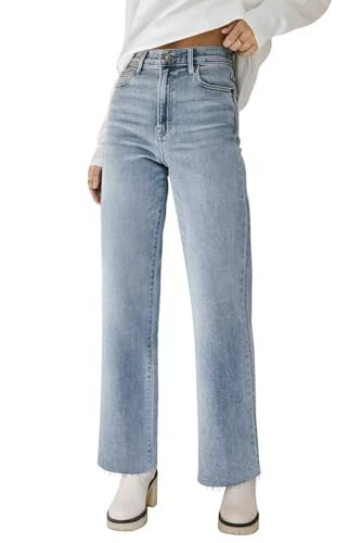 KDF Straight Leg Jeans for Women High Waisted Frayed Baggy Pants, Raw Hem, Loose, Stretchy Cropped Wide Leg, Light Blue, Size 8 | Amazon (US)