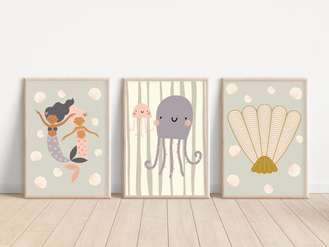 Mermaid, Shell and Jellyfish Themed Prints for a Nursery, Little Girls Room or Playroom. unframed... | Etsy (US)