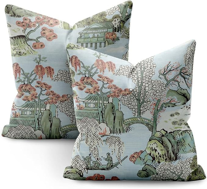 HUBUYTEFE Chinoiserie Blue Pink Green Pillow Covers 18x18 Set of 2,Blue and White Pillow Covers O... | Amazon (US)