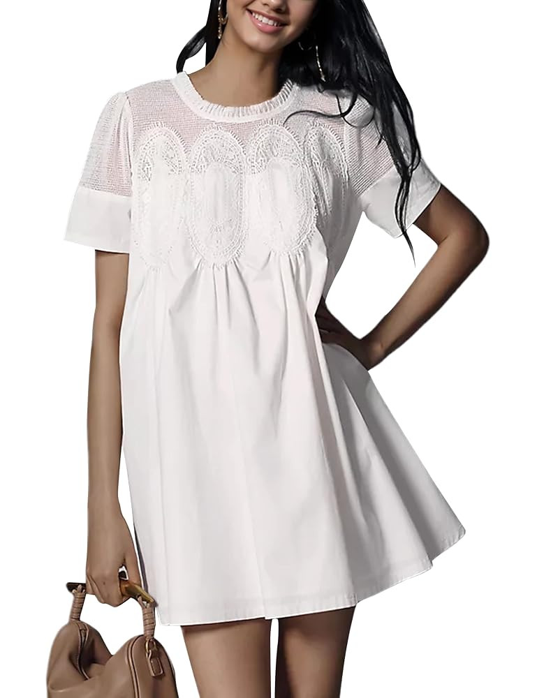 Womens Summer Lace Mini Babydoll Dress Ruffled Collar Short Sleeve Loose Mesh Swing Elegant Flare... | Amazon (US)