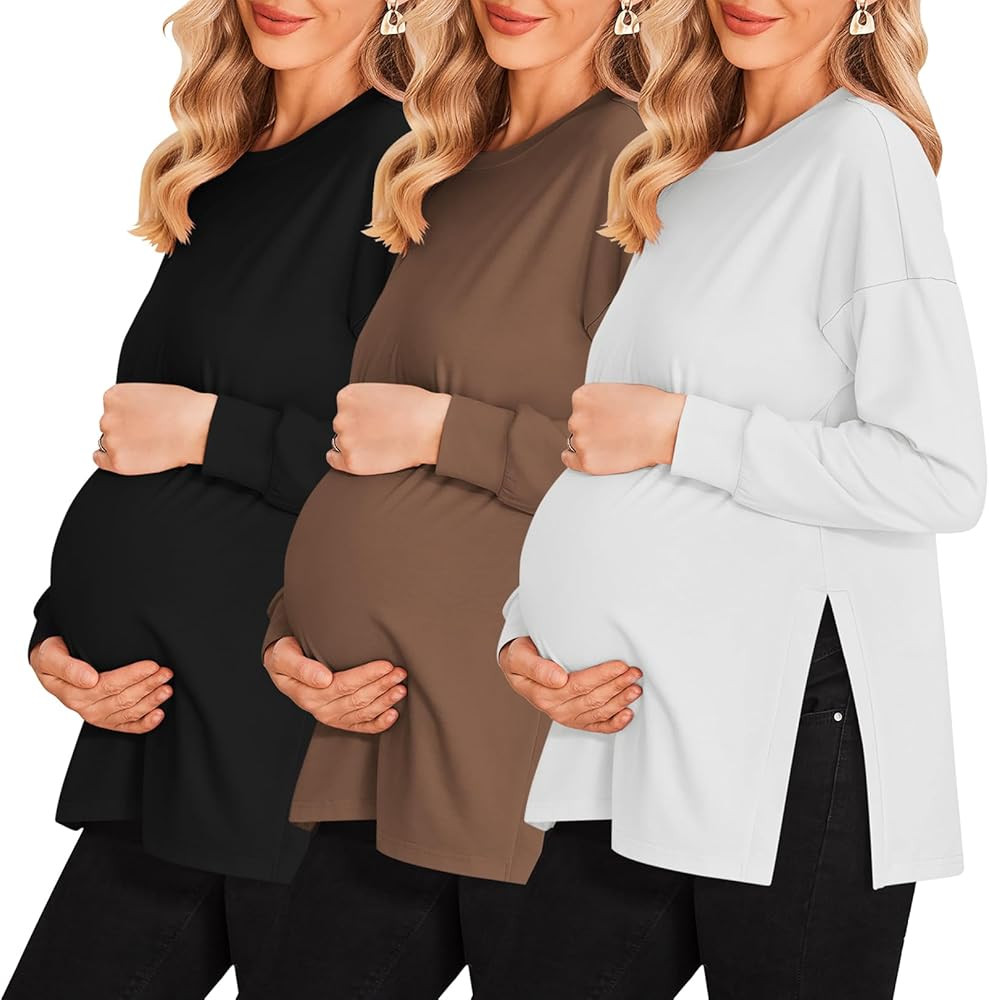 Ekouaer Womens 3 Packs Maternity Shirts Long Sleeve Side Ruched Pregnancy Tee Workout Top Tunic B... | Amazon (US)