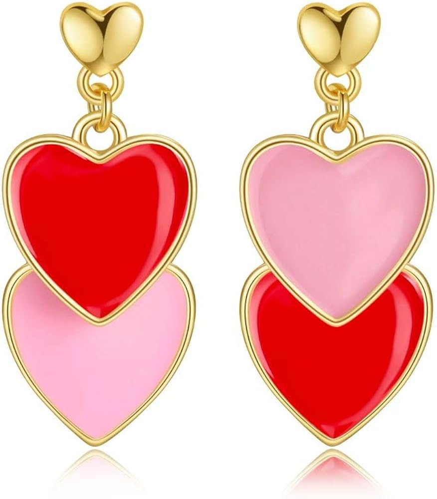 Heart Earrings for Women, Red and Pink Double Heart Drop Earrings, Valentines Day Dangle Jewelry,... | Amazon (US)