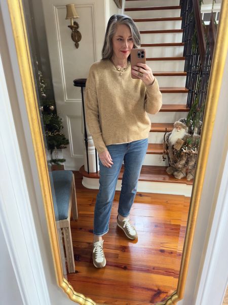 Casual outfit for running errands! The sweater is great loose or with a front tuck.  Jeans are cropped, but I have rolled them down for more of an ankle length for fall. Dress it up with a little gold jewelry. I wear this chunky necklace almost daily! Add a great red lip! #chicos #camelsweater #crewnecksweater #chunkynecklace #redlipstick

#LTKstyletip #LTKover40 #LTKsalealert