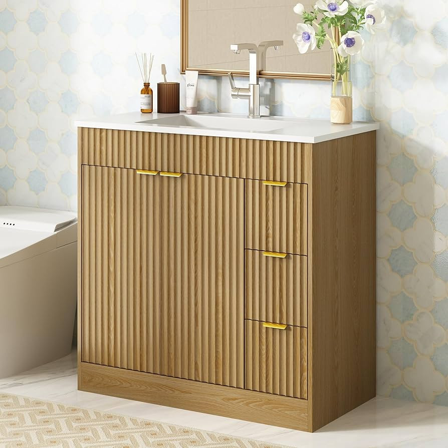 CARPETNAL 36 Inch Bathroom Vanity with Sink, Modern Fluted Bathroom Vanity with Sink with Storage... | Amazon (US)