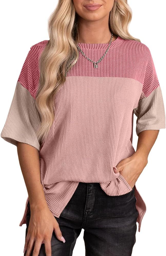 EVALESS Womens Summer Short Sleeve Crewneck Shirts Tops Color Block Lightweight Tee Shirt Top | Amazon (US)