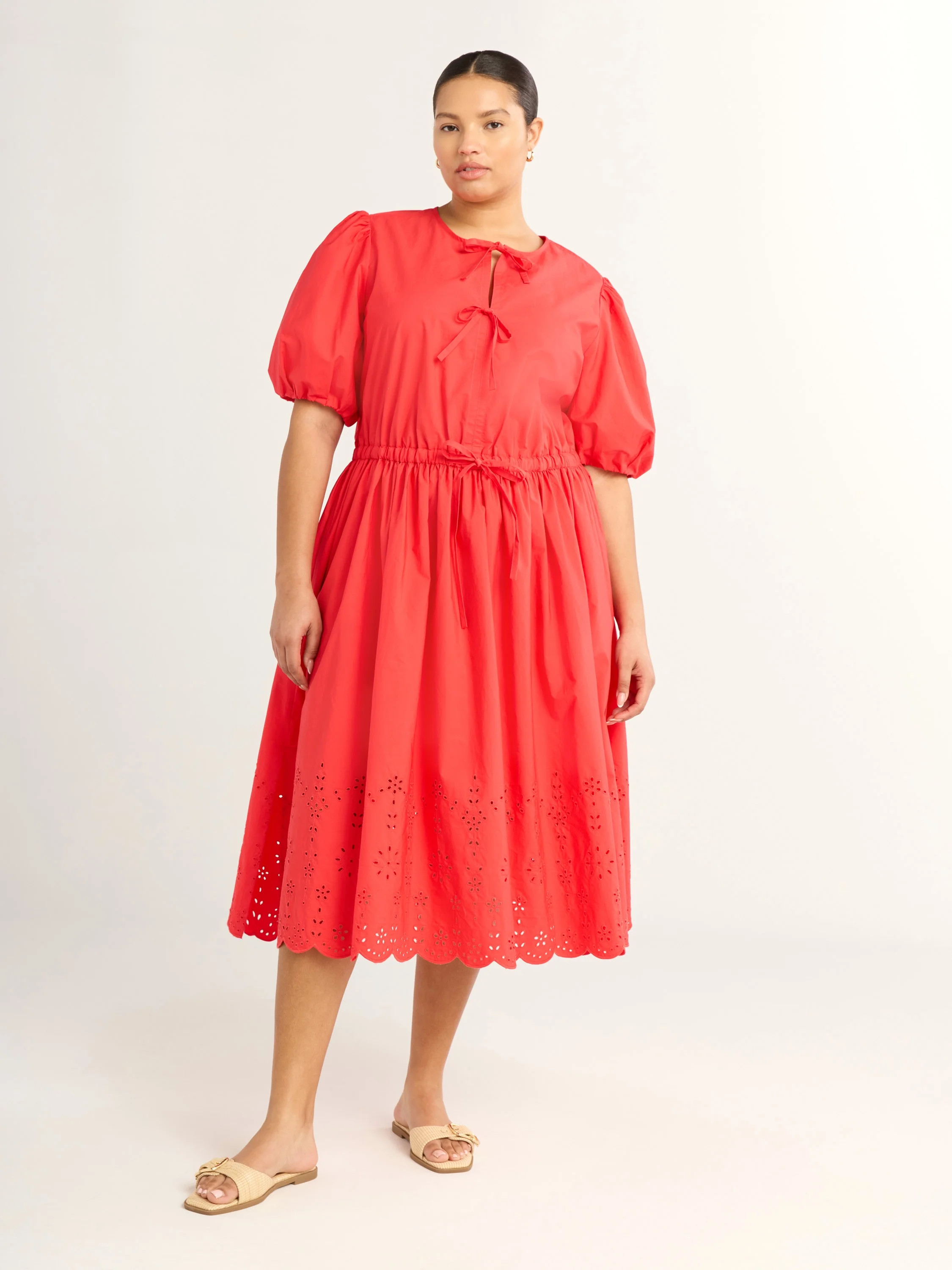 Free Assembly Women's and Women's Plus Tie Front Cotton Eyelet Midi Dress with Short Puff Sleeves... | Walmart (US)