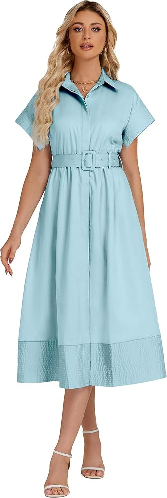 Ladyful Women Casual Button Down Shirt Dress Short Wing Sleeve Buiness Midi Shirt Dress with Belt... | Amazon (US)